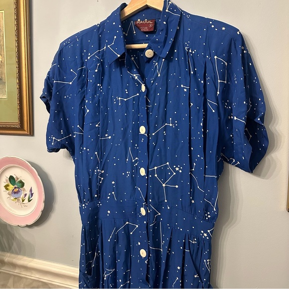 Vintage Raoul Constellation Blouson Dress Size 8 Small Pinup Rockabilly Blue - Picture 2 of 12